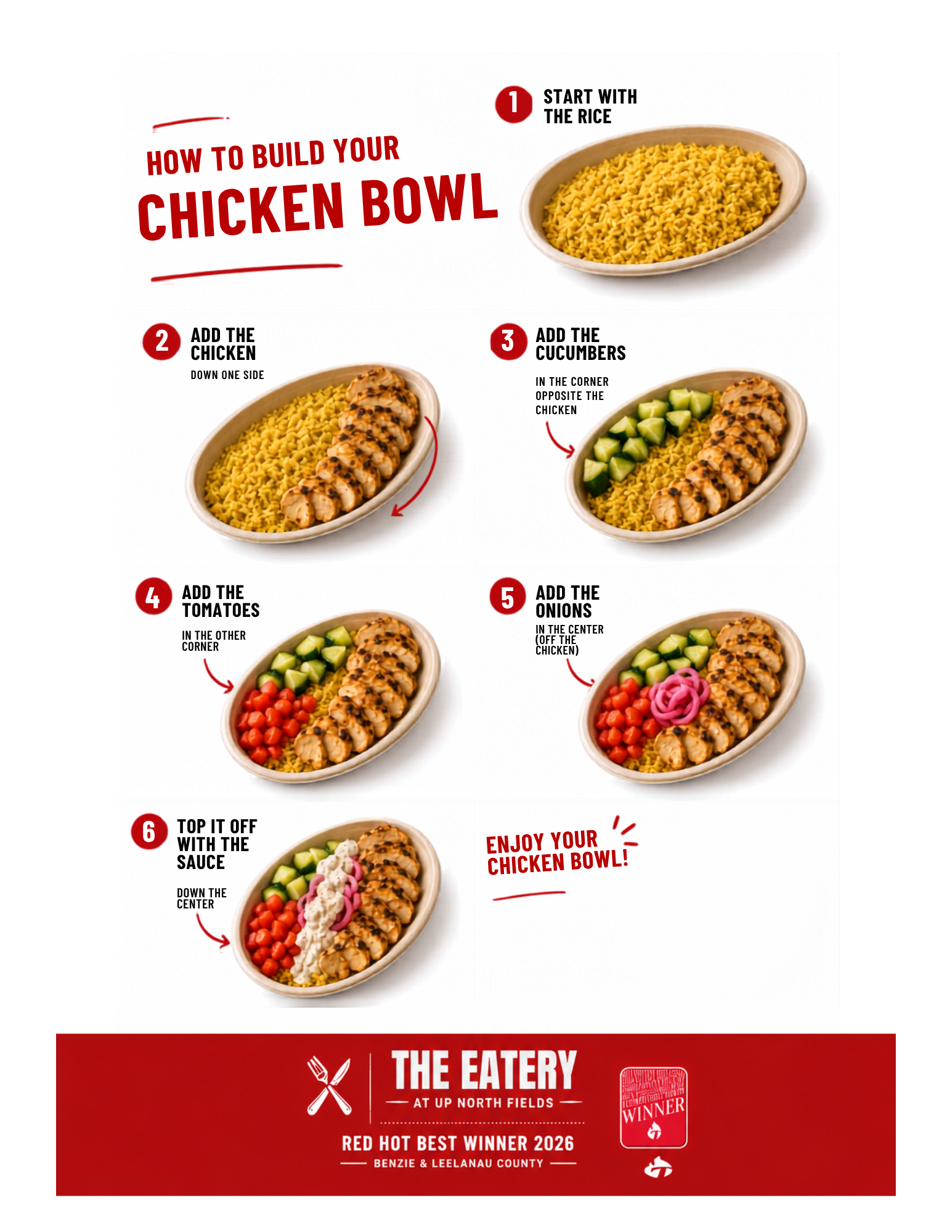 A GoGazy training card for a chicken bowl, showing each build step as a numbered panel with portion and placement notes.
